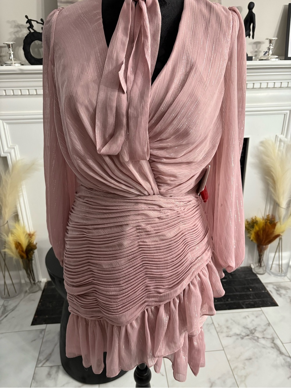 Mac Duggal NWT Leena Pink Ruched V-Neck Long Sleeve Dress with Tie Neck *read*